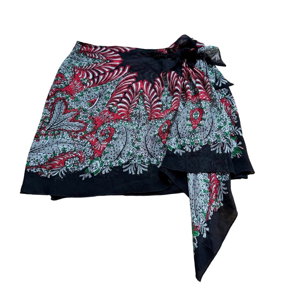 Vintage Anna Sui 100% Silk S Floral Boho Tie Waist Sarong Wrap Mini Skirt
